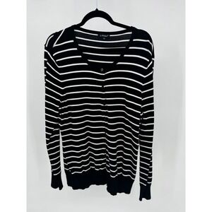 a. lesdani Womens 2X Black White Striped‎ V Neck Button Front Cardigan Sweater